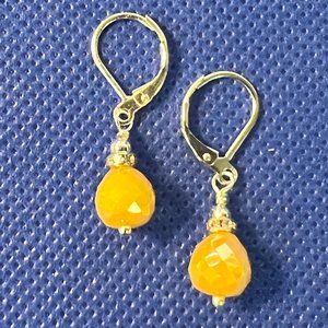 Sterling Silver Yellow Facetted Teardrop Leverback Pierced Earrings